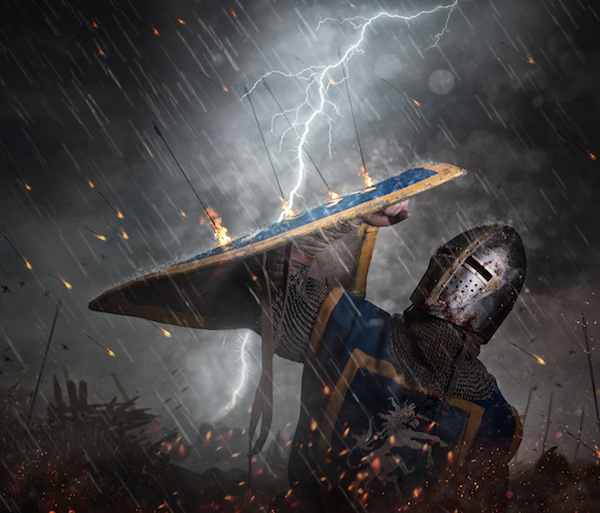 Lightning strikes a knight on battlefield.